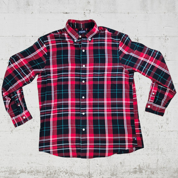 Chaps Red Black Plaid Tartan Classic Button Down Mens Flannel Size Large - Picture 1 of 5